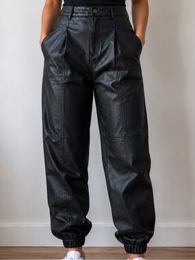 Zara Faux Leather Jogger Pants Black High Rise Pleated Tapered US 4